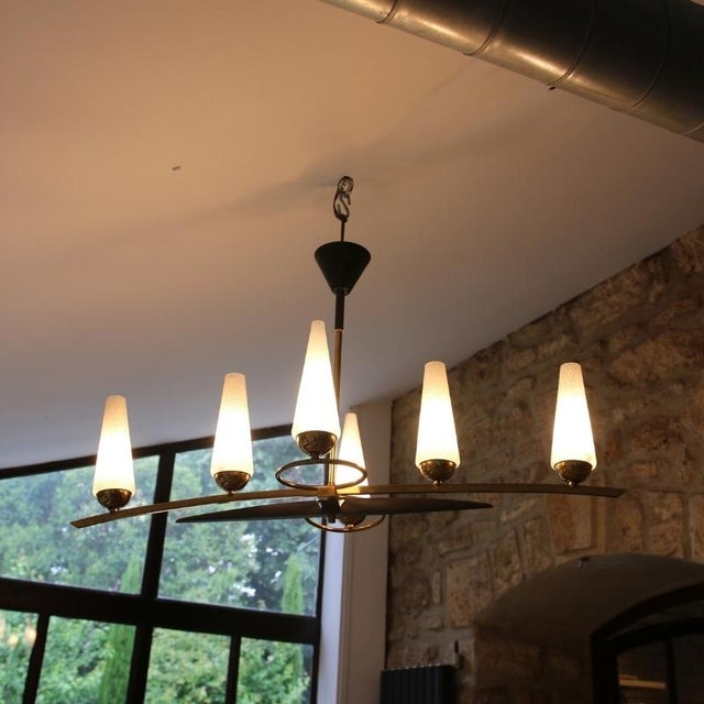 Modern Art Deco Opaline and Brass Chandelier, 1950s For Sale - Image 3 of 18