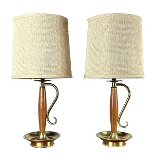 Mid Century Modern Wood and Brass Candle Table Lamps For Sale