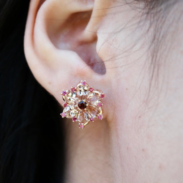 Nina Zhou Jewelry Nina Zhou Carnation Flower Morganite, Pink Sapphire & Rhodolite Garnet Earrings in 14k Rose Gold- Set of 2 For Sale - Image 4 of 5