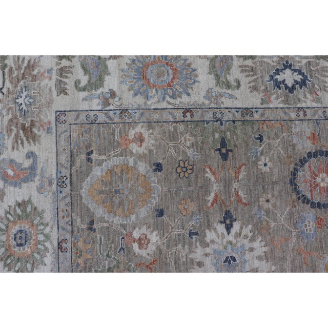 Green Modern Oushak Rug by Keivan Woven Arts, Muted Greens & Florals 9'0 X 12'4 For Sale - Image 8 of 15
