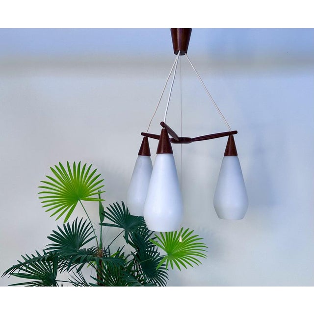 Danish Teak and Opaline Glass 3-Light Drop Hanging Lamp, 1950s For Sale - Image 10 of 16