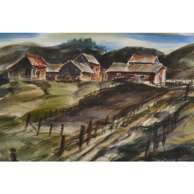 Rural scene of a hillside farm, depicted in watercolor on rag paper by Northern California watercolor and acrylic artist...