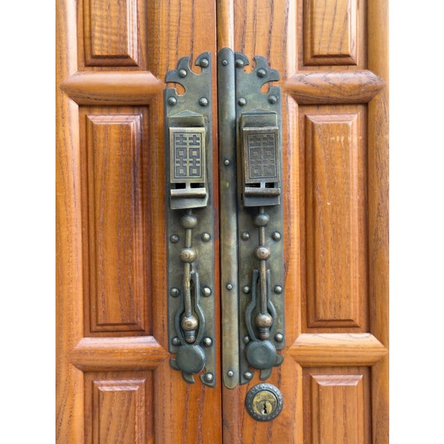 Brown Vintage Chinese Elm Elmwood Wedding Cabinet Armoire Prosperity Cabinet Chinoiserie Wardrobe With Interior Hanging Rail For Sale - Image 8 of 12