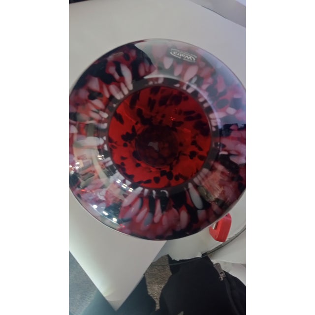 Watra handmade art glass vase made in Poland. Ruby red glass with black and smoky speckled/mottled pattern and a glossy...