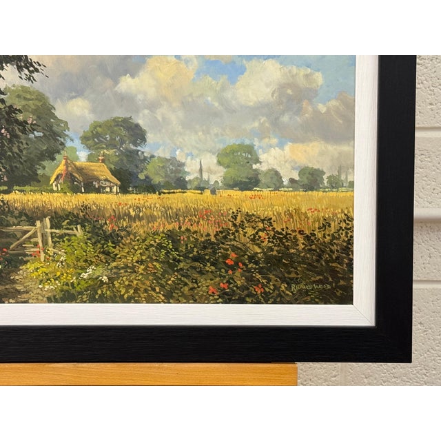 Realism John Miller Thatched Cottages with Wild Flowers & Village Church in the English Countryside 1985 Circa For Sale - Image 3 of 18