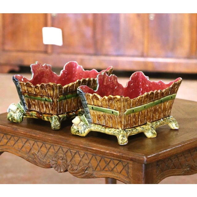 Green Pair 19th Century French Palissy-Style Barbotine Majolica Bird Jardinières For Sale - Image 8 of 13