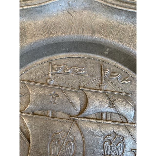 Mid-Century German Pewter Sailing Ship Wall Plate With Heraldic Eagles For Sale In South Bend - Image 6 of 8