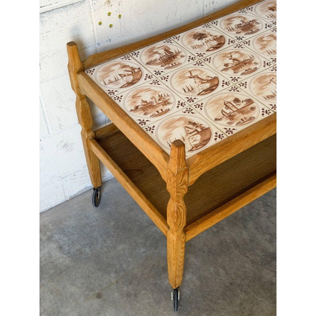 In Style of Henning Kjærnulf Oak Two-Tier Serving Bar Cart With Ceramic Tile Top Vintage Mid-Century Modern 1970s For Sale - Image 4 of 10