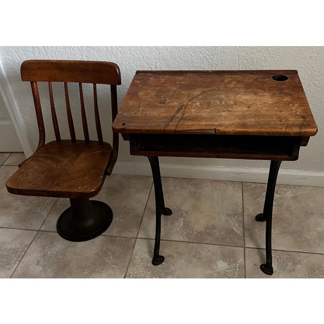 Vintage 1920’s School Desk & Chair set for child . The manufacturer is Kenney Bros & Wolkins based in Boston Mass.