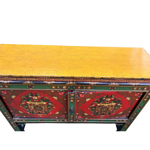 Brick Red Asian Tibetan Style Floral Graphic Red Green Yellow Console Credenza Table For Sale - Image 8 of 11