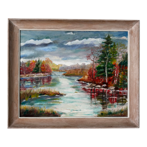 1960’s Vintage Impressionist Abstract Autumn Landscape Oil on Canvas Painting – Wood