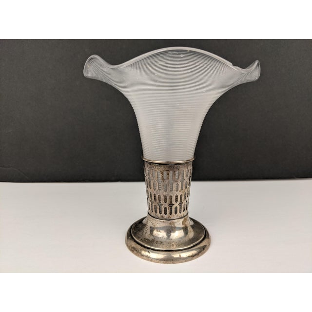Vintage Sterling Silver Vase With Frosted Ribbed Art Glass Trumpet Insert, Art Deco Style For Sale - Image 11 of 15