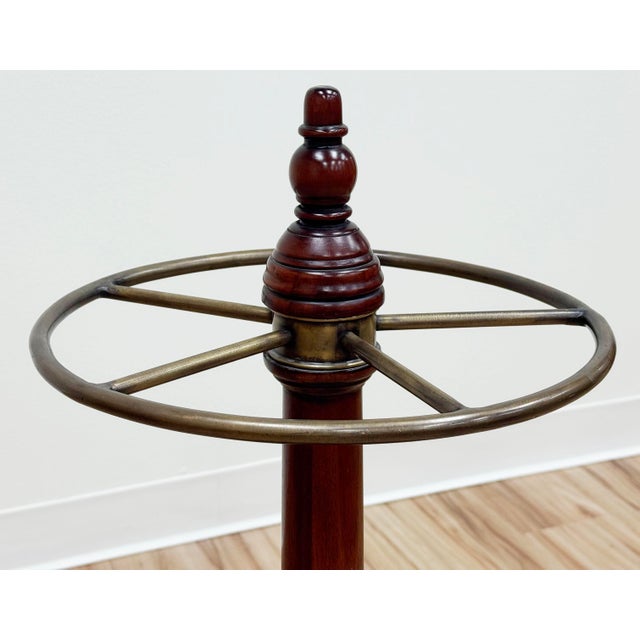 Mid 20th Century Vintage English Edwardian Style Round Wood and Brass Umbrella Stand For Sale - Image 5 of 9