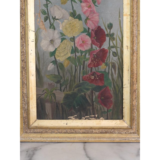 Traditional Antique Floral Hollyhocks Oil Painting For Sale - Image 3 of 4