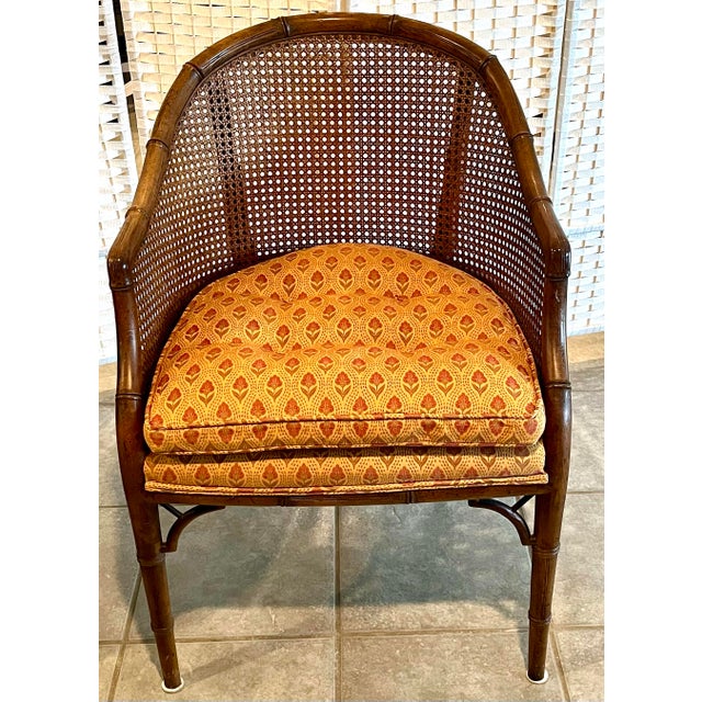Mid 20th Century Faux Bamboo and Cane Barrel Chairs With Blockprint Upholstery - Set of 4 For Sale - Image 10 of 12
