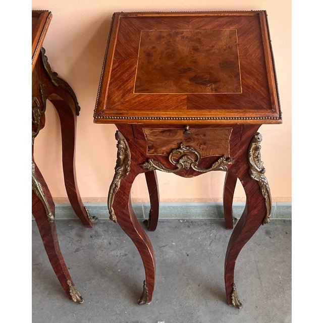 Wood French Classic Louis XV Style Marquetry Nightstands With Drawer, 1910 For Sale - Image 7 of 11
