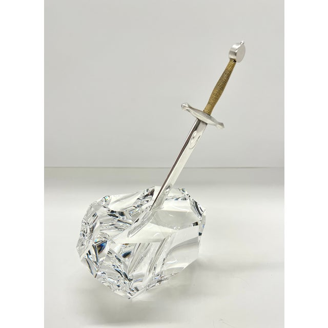 Iconic Steuben “Excalibur” Sword In The Stone Crystal Paperweight With Sterling Silver & 18K Gold Sword Letter Opener...
