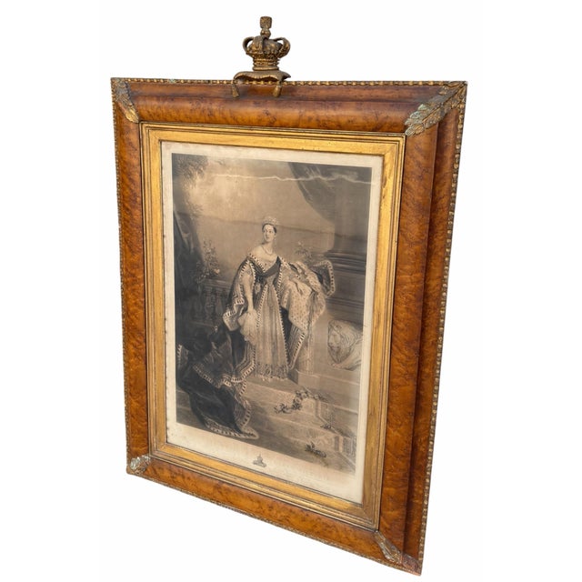Huge Antique Queen Victoria Coronation Engraving Print in Royal Crown Frame.