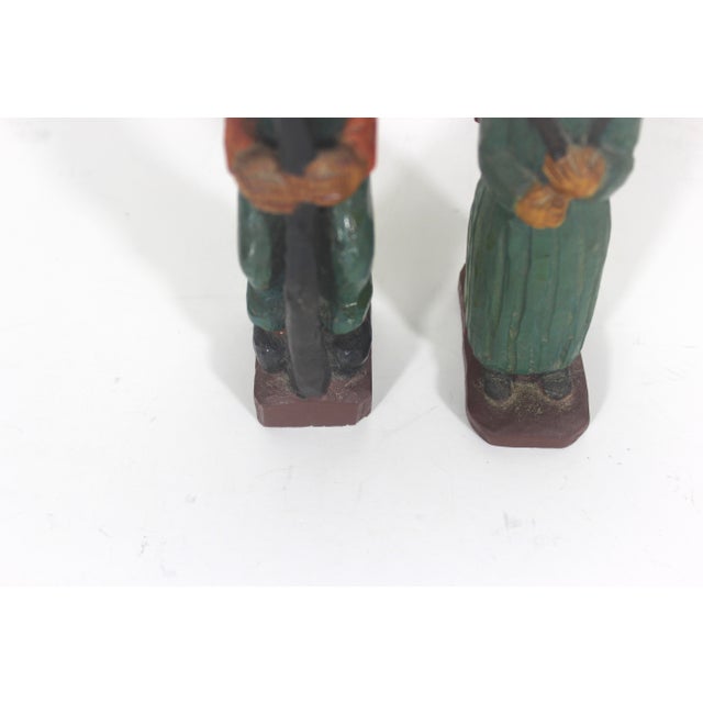 Early 20th Century Vintage Hand Carved Painted Wood Man and Woman Folk Art Couple Figurines Carving, Shelf Decor For Sale - Image 5 of 12