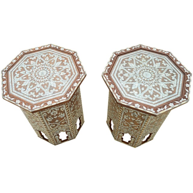 Brown Vintage Handcrafted Andalusian Moorish-Marquetry Mother-Of-Pearl Tables - a Pair For Sale - Image 8 of 12