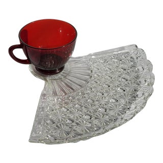 1950s Anchor Hocking Royal Ruby Fan Snack Set - 2 Pieces For Sale