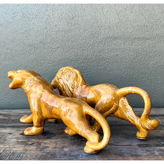 Vintage Boho Glazed Ceramic Lions - Set of 2 For Sale In West Palm - Image 6 of 7