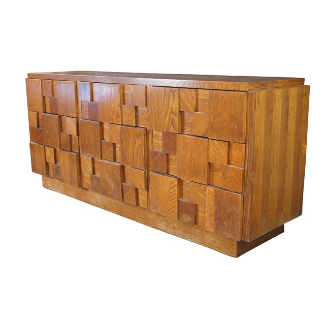 1970s Vintage Lane Furniture Staccato collection Brutalist style Oak 9 drawer dresser vanity with mirror or Lowboy,...