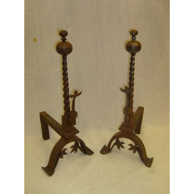 19th Century Pair of Decorative Rust Wrought Iron Andirons or Chenets
