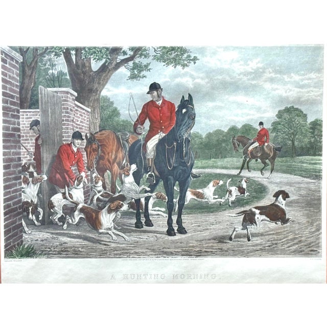 Edward Gilbert Hester (British, 1843-1903) hand-colored engraving of an equestrian fox hunt with hounds. Framed in gold...