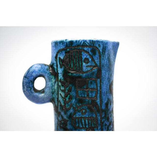 Ceramic Small Mid-Century French Blue Ceramic Ewer with Engraved Decoration of Stylized Owls and Fish by Jacques Blin, 1950s For Sale - Image 7 of 15