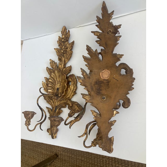 Gold Italian Baroque Carved Gilt Wood Wall Sconces - A Pair For Sale - Image 8 of 11