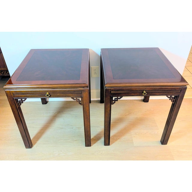 Drexel Heritage Drexel Heritage Chinese Chippendale Banded Mahogany Side Tables, Pair For Sale - Image 4 of 15