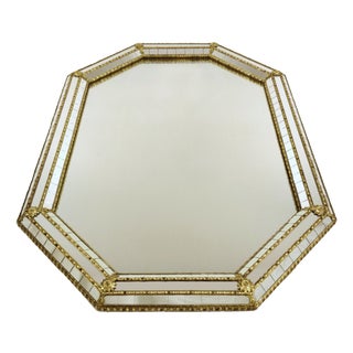 Large Vintage Venetian Hollywood Regency Octagonal Parclose Mirror with Glass and Brass Garlands, 1970s For Sale