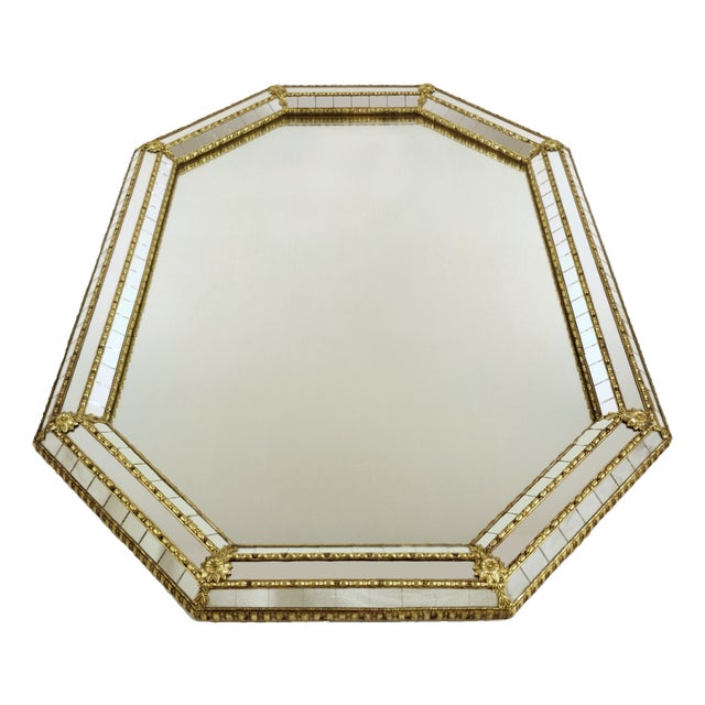 Large Vintage Venetian Hollywood Regency Octagonal Parclose Mirror with Glass and Brass Garlands, 1970s For Sale