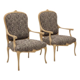 Italian Carved Faux Bois Cerused Bergère Chairs in Zebra Fabric - Pair For Sale