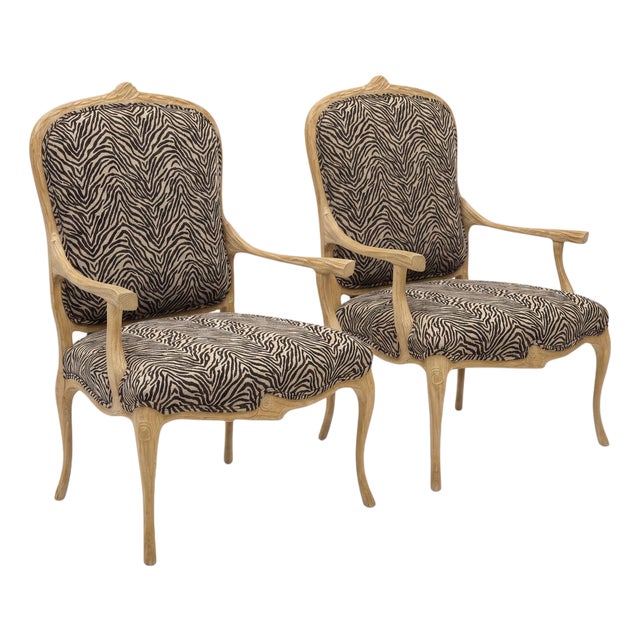Italian Carved Faux Bois Cerused Bergère Chairs in Zebra Fabric - Pair For Sale