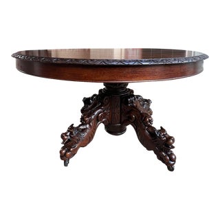 Antique French Round Dining Hunt Game Table Carved Oak Black Forest Pedestal For Sale
