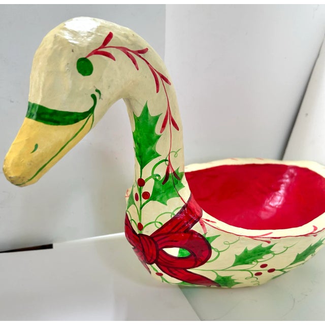 1980s Vintage Paper Mache Swan Bowl – Hand Painted Christmas Swan Centerpiece Dish For Sale - Image 5 of 12