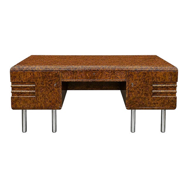 1930s Large Art Deco Desk Amboyna Writing Desk Chrome Legs For Sale