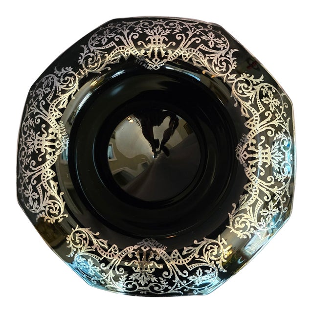 Mid 20th Century Black Footed Bowl With Silver Floral Overlay For Sale