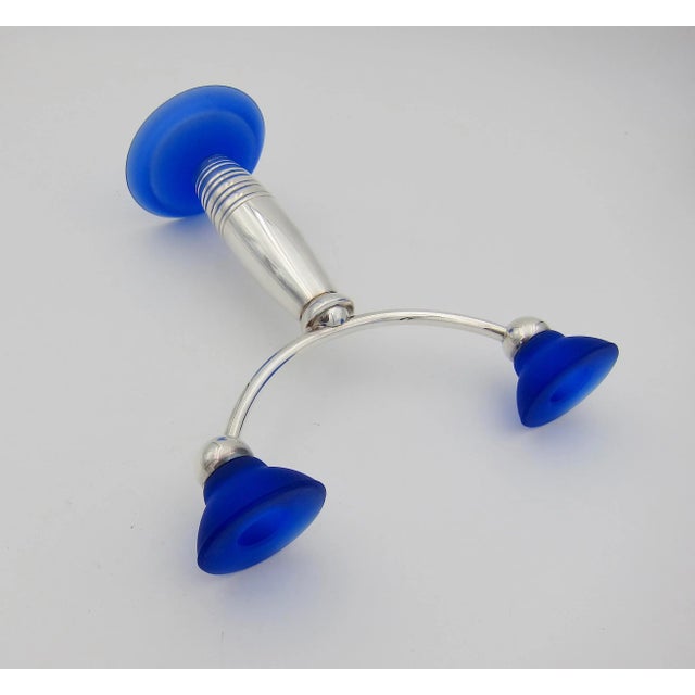 A French Modernist two arm candelabra in silver-plate and frosted blue glass from Christofle of Paris, dating to the late...