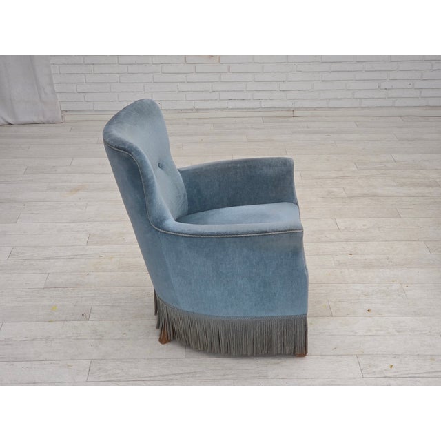 Set of Vintage Danish Chair with Ottoman in Blue Furniture Velour and Oak, 1960s For Sale - Image 4 of 18
