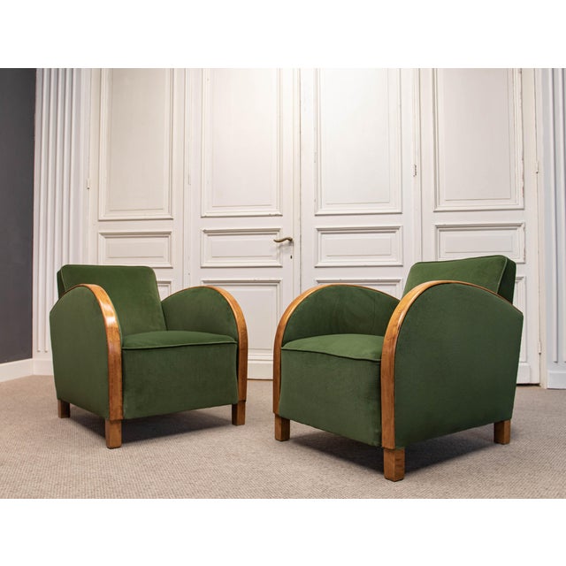 1930s Vintage Green Velvet Lounge Chairs with Wooden Arm Overlays, Sweden, 1930, Set of 2 For Sale - Image 5 of 15