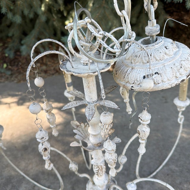 Antique White French Country Style Painted & Crystal Six-Light Chandelier For Sale - Image 8 of 10