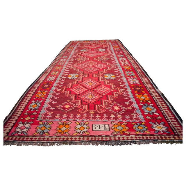 Textile 1940s Antique Turkish Rug Kilim Handmade Wide Runner - 4′11″ X 12′5″ For Sale - Image 7 of 17