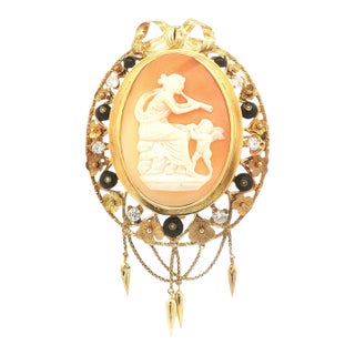 Vintage Goddess and Cherub Cameo With Diamonds, Enamel and Seed Pearls Pin For Sale