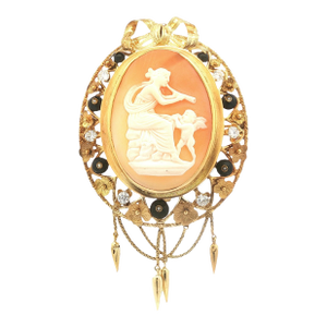 Vintage Goddess and Cherub Cameo With Diamonds, Enamel and Seed Pearls Pin