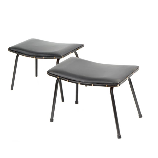 1960s Pierre Guariche French Black Benches Steel & Distressed Faux Leather 1960 - A Pair For Sale - Image 5 of 12