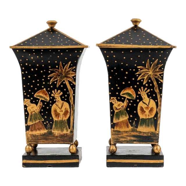 Pair Vintage Chinoiserie Tole Covered Urns For Sale