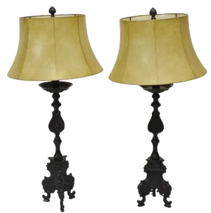 Large Antique French Baroque Church Altar Stick Electrified Table Lamps - a Pair